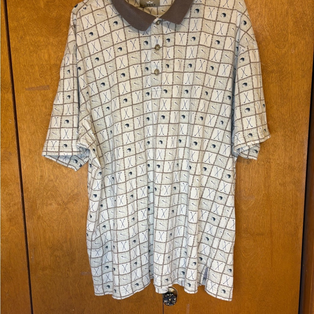 Men’s Big and Tall Cream and Beige Golf Pattern Polo Button Up‎ Preppy Outerwear